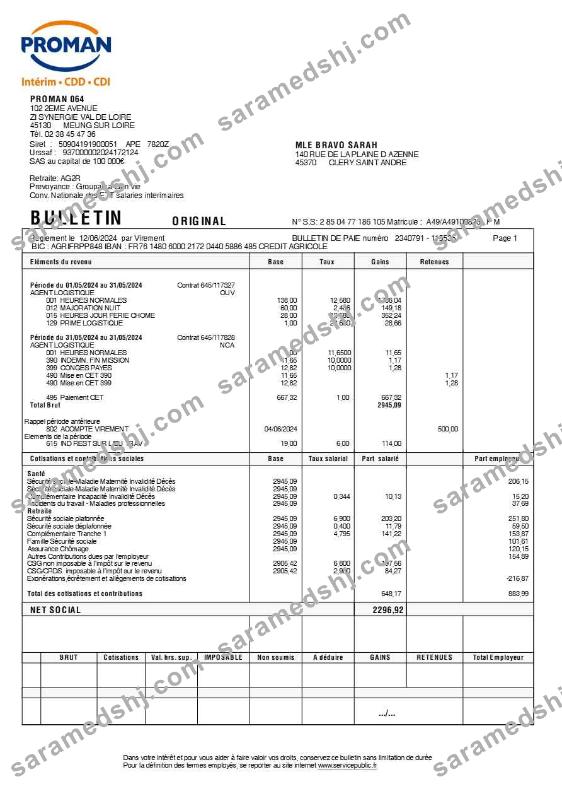 Proman recrutement payslip (in French language) template in Word and PDF formats, version 2.pdf, 1